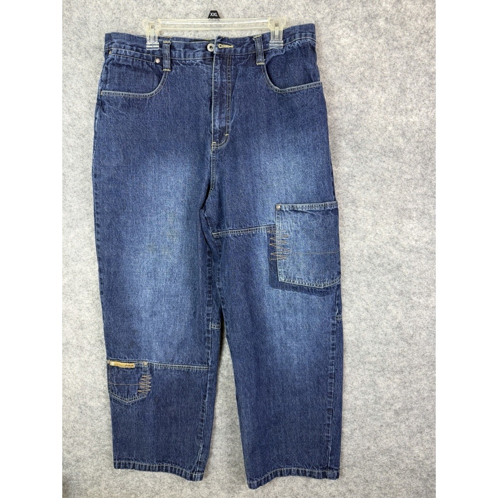 Vintage South Pole Jeans Mens 36 Blue Baggy Wide Leg Y2K Skater Grunge Patches